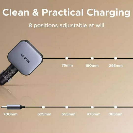 Ugreen Auto-Ladegerät 90W 3A Schnellladung mit Anschlüssen: 1xUSB 1xType-C mit Kabel Eingebettet Gray Farbe