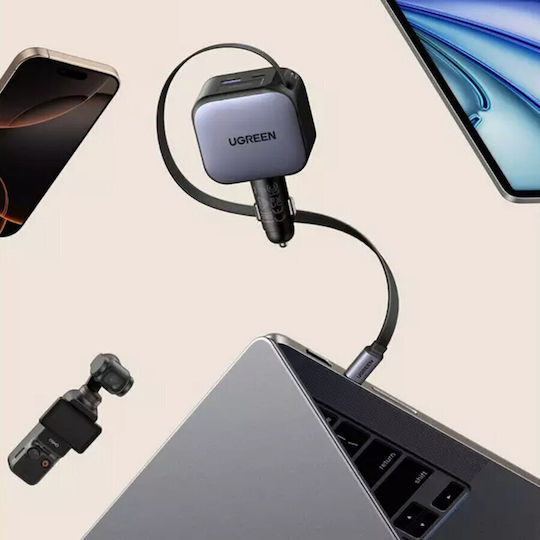 Ugreen Auto-Ladegerät 90W 3A Schnellladung mit Anschlüssen: 1xUSB 1xType-C mit Kabel Eingebettet Gray Farbe