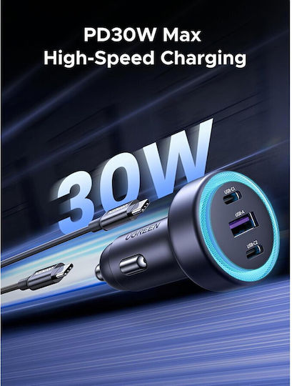 Ugreen EC307 Car Charger 30W 3A with Ports: 1xUSB 2xType-C