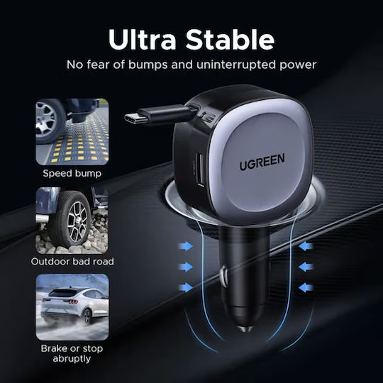 Ugreen EC601 Car Charger 75W Fast Charging with Ports: 1xUSB 1xType-C with Cable Embedded Gray Color