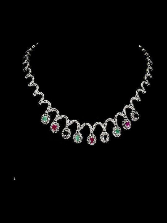 Stunning 925 Elegant Necklace Emeralds Marquises Rubies Sapphires