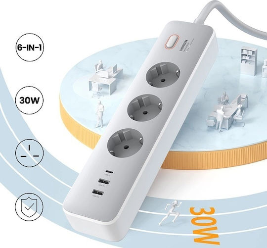 Ugreen Πολύπριζο Aσφαλείας 3 Θέσεων με 2 USB-A, 1 USB-C, Διακόπτη και Καλώδιο 2m