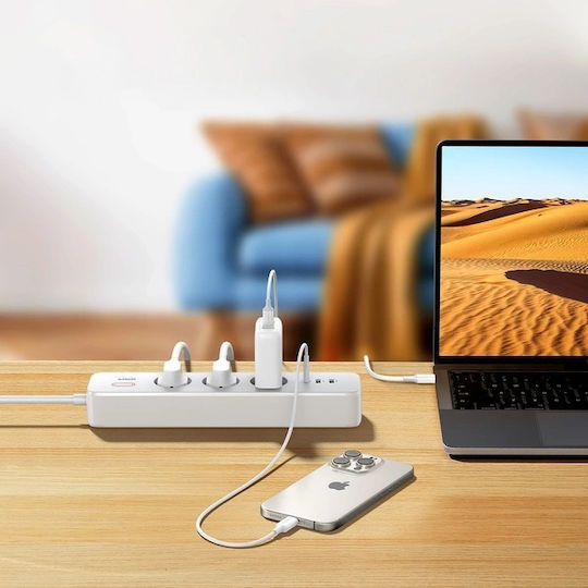 Ugreen Πολύπριζο Aσφαλείας 3 Θέσεων με 2 USB-A, 1 USB-C, Διακόπτη και Καλώδιο 2m