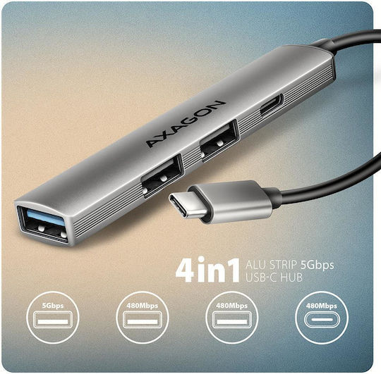 Axagon USB Хъб 12 Порта USB 2.0 с Връзка USB-A / USB-C Сив