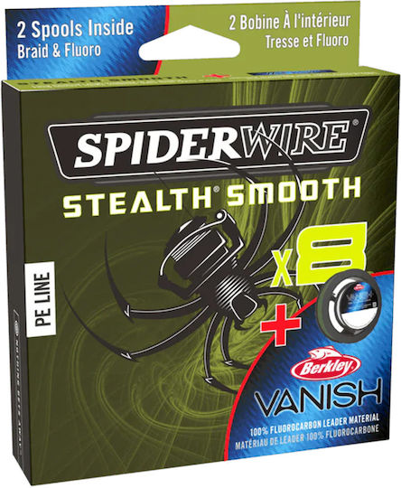 Spiderwire Stealth Smooth X8 Dark Green Fishing Filament Fluorocarbon Leader 0.13 mm 11.2 Kg 150 Meters Fc Leader 0.35 mm 7 Kg 40 Meters