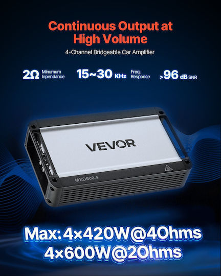 Car Amplifier Vevor 4 Channel Bridgeable Car Amplifier Multichannel Stereo Amplifier Class D Max 4 X 420w at 4 Ohms 4 X 600w at 2 Ohms High Efficiency SUVs Pickups Off Road Vehicles
