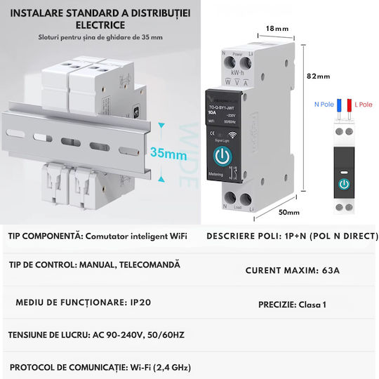 Contor de Energie Inteligent cu Siguranță WiFi 10A Monitorizare Consum Control de la Distanță Programare Inteligentă Compatibil Smart Life Tuya Alexa Google Home Montaj Pe Șină Din