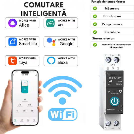 Contor Inteligent De Energie Cu Siguranță Wifi 16a Monitorizare Consum Control De La Distanță Programare Inteligentă Compatibil Smart Life Tuya Alexa Google Home Montaj Pe Șină Din