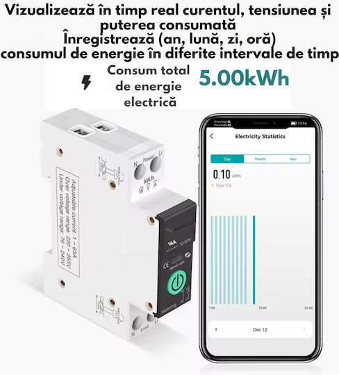 Contor Inteligent De Energie Cu Siguranță Wifi 16a Monitorizare Consum Control De La Distanță Programare Inteligentă Compatibil Smart Life Tuya Alexa Google Home Montaj Pe Șină Din