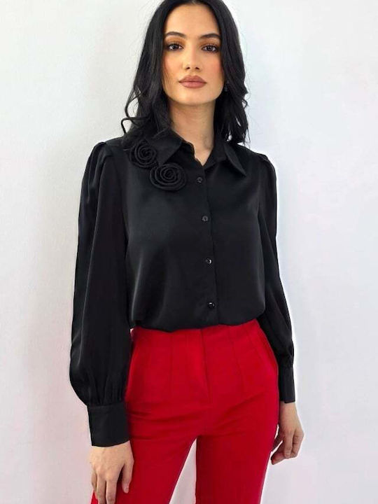 Cămașă De Damă Mătăsoasă Cu Mânecă Lungă Neagră Floral
