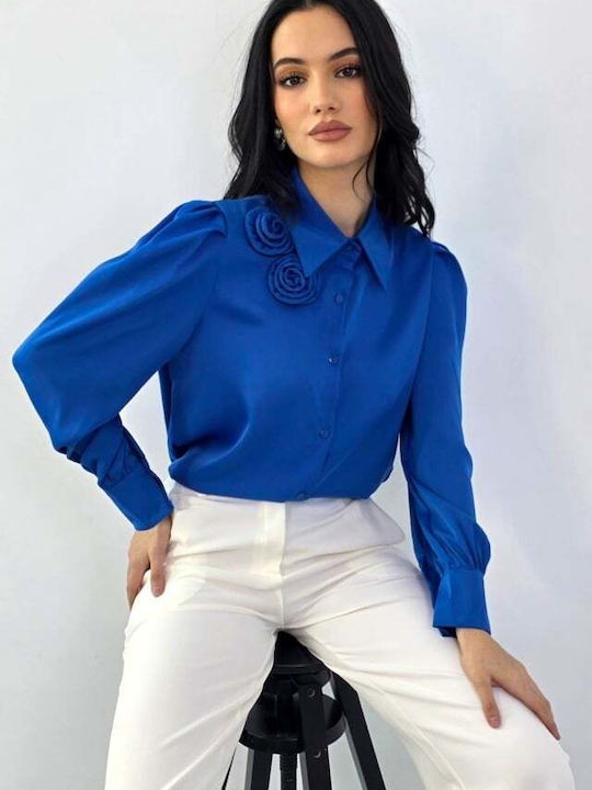 Μακρυμάνικο Γυναικείο Μεταξωτό Πουκάμισο Blue Floral