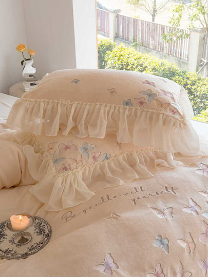 Milk Velvet Duvet Cover Set Double 220x240cm 2 Pillowcases & 1 Bed Sheet Butterfly