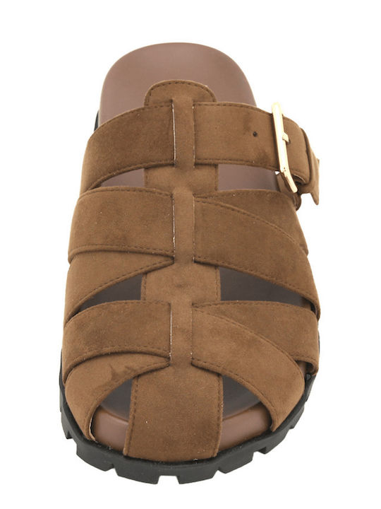 Suede Mules με Τακούνι σε Καφέ Χρώμα