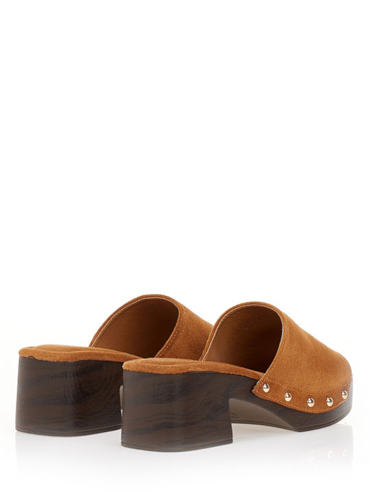 Suede Damen Pantoletten mit Niedrigem Absatz in Brauner Farbe