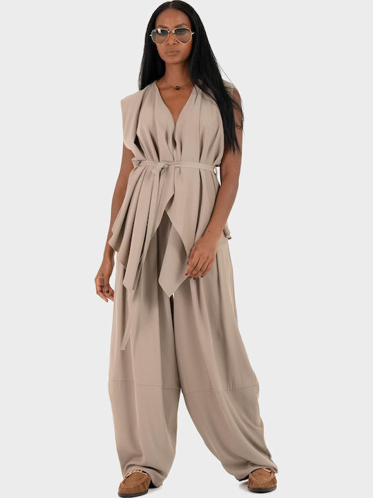 Women's Fabric Trousers in Loose Fit Beige