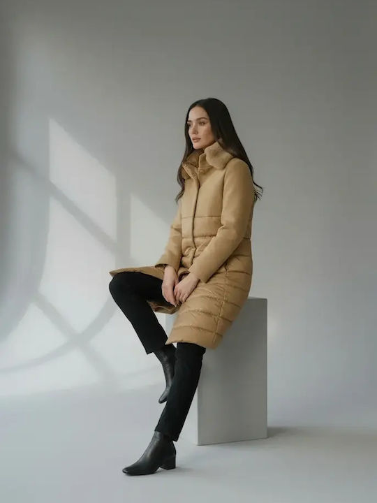 Women's Camel Coat with Fur Details Coat