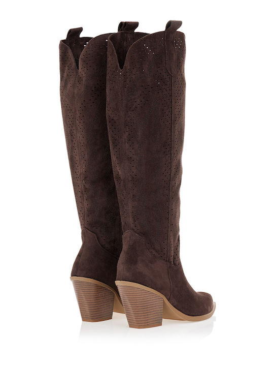 Cizme Dama Cowboy Din Suede Cu Toc Mediu Maro