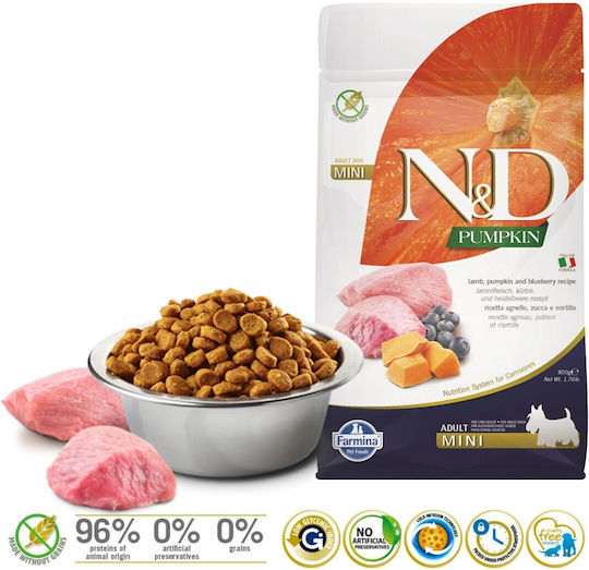 Farmina N&D Pumpkin Adult Mini 0.8kg Dry Food Grain-Free & Gluten-Free for Adult Small Breed Dogs with Lamb and Pumpkin
