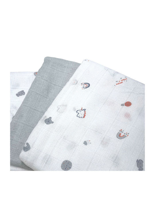 Gamberritos Kids Little Wonders Muslin Swaddle Blanket Gray 80x80cm 3 Pieces