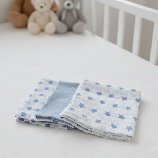 Gamberritos Kids Stars & Dots Πάνες Αγκαλιάς από Μουσελίνα Γαλάζιο 80x80εκ. 3τμχ
