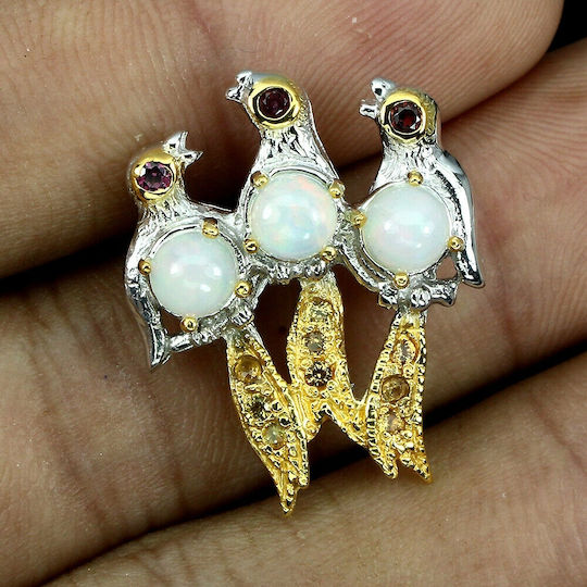 Brooch Silver Opals 925 Natural Sapphires Bird