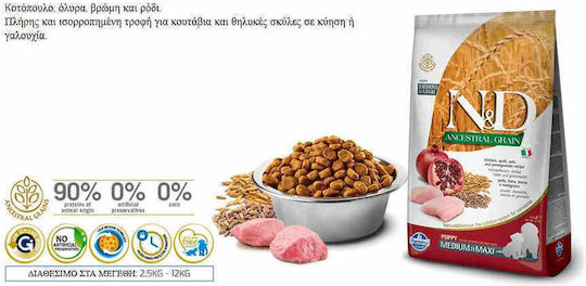 Farmina Ancestral Grain Chicken & Pomegranate Puppy 12kg Dry Food with Few Grains for Medium & Large Breed Puppies with Chicken and Pomegranate