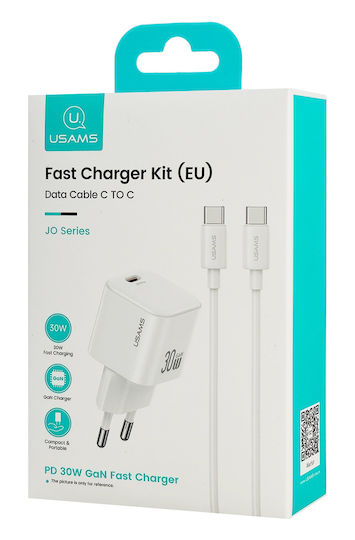 Usams Charger GaN with USB-C Port and Cable USB-C - USB-C 30W Power Delivery Whites (CC262)