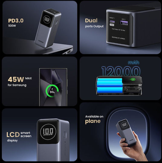 Ugreen PB724 Power Bank 12000mAh 100W with USB-A Port and USB-C Port Power Delivery / Quick Charge 3.0 Gray