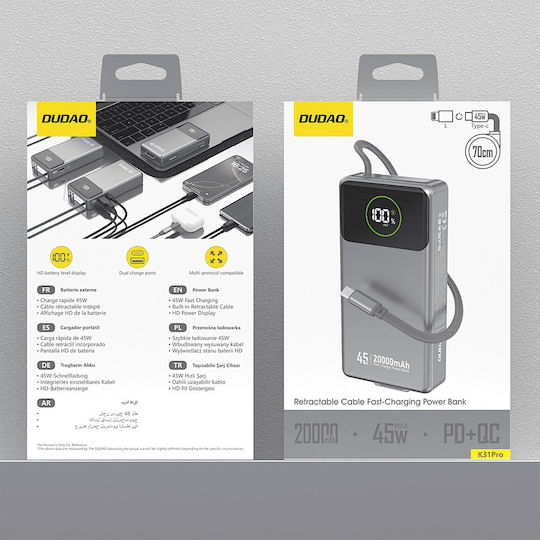 Dudao K31 Pro Power Bank 20000mAh 22.5W με Θύρα USB-C Power Delivery Γκρι