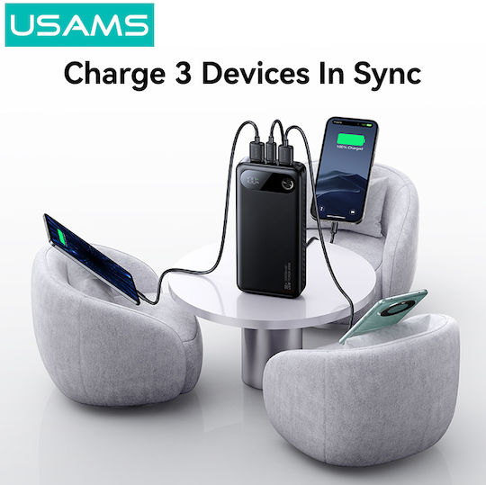 Usams PB80 Power Bank 20000mAh 20W with 2 USB-A Output Ports and USB-C Power Delivery Black