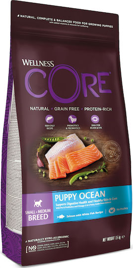 Wellness 1.5kg Dry Dog Food For Puppies Of Small And Medium Breeds With Salmon Meat Poultry Fish Beef Potatoes And Apple