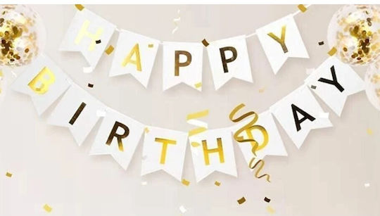 Banner Happy Birthday 100x200 Cm Dimensiune Steag 11.5x16.5 Cm Rola De Ață Inclusă Alb