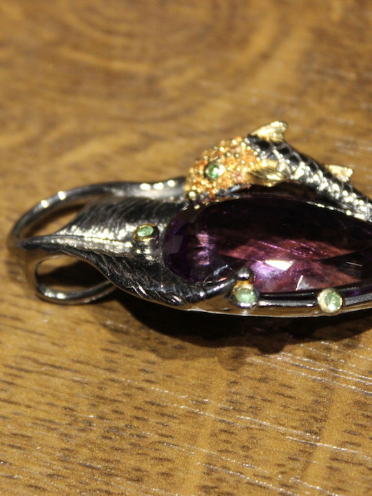 Artistic Silver Pendant Amethyst Sapphires Diopsides Fish