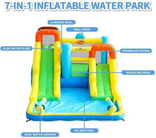 Sunsports Inflatable Trampoline Two Water Slides Basketball Climbing Water Guns