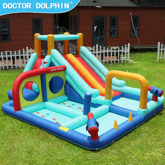 Doctor Dolphin Inflatable Trampoline Double Slide Climbing Water Guns Hoops Rings