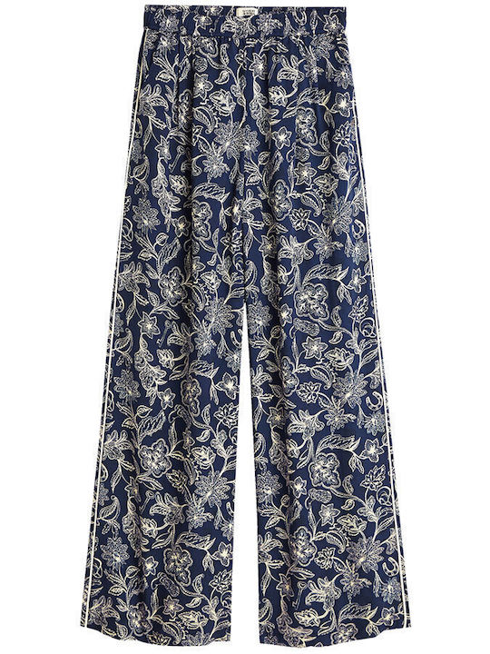 Damen Satin-Hose Ausgestellt mit Gummiband Blumen Blau