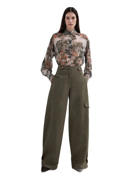 Damen Stoff Cargo Hose in Weitem Schnitt Khaki
