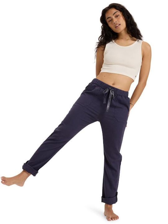 On The Seashore Women's Linen Capri Trousers with Elastic Regular Fit Navy Blue