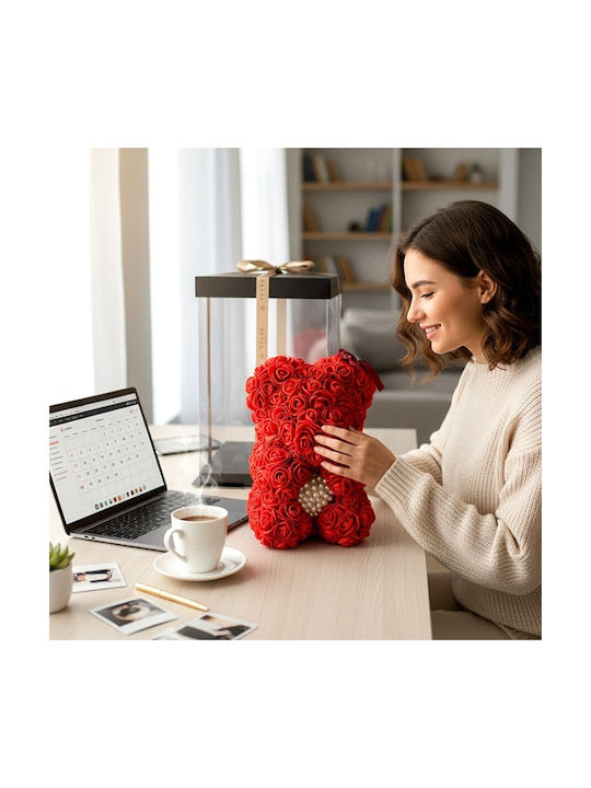 Ursuleț De Pluș Roșu Floral Din Trandafiri Din Spumă Cu O Inimă De Perle 25 Cm Decorat Manual În Cutie Cadou