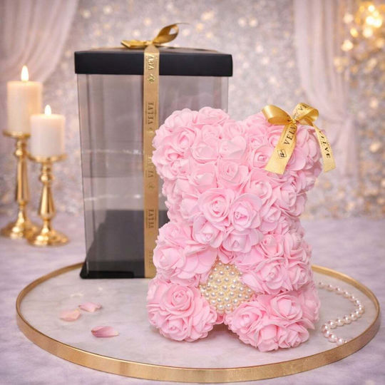 Ursuleț De Pluș Floral Roz Din Trandafiri Din Spumă Cu O Inimă De Perle 25 Cm Decorat Manual În Cutie Cadou