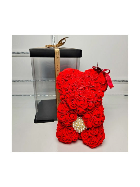Ursuleț De Pluș Roșu Floral Din Trandafiri Din Spumă Cu O Inimă De Perle 25 Cm Decorat Manual În Cutie Cadou