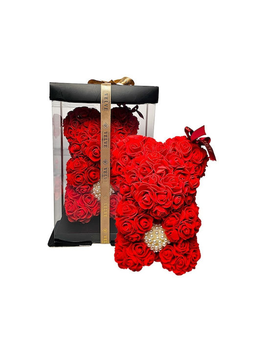 Ursuleț De Pluș Roșu Floral Din Trandafiri Din Spumă Cu O Inimă De Perle 25 Cm Decorat Manual În Cutie Cadou