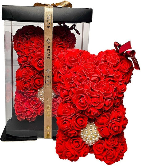 Red Floral Teddy Bear Made Foam Roses A Pearl Heart 25 Cm Hand-decorated In A Gift Box