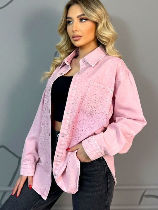 Μακρυμάνικο Γυναικείο Τζιν Πουκάμισο Pink