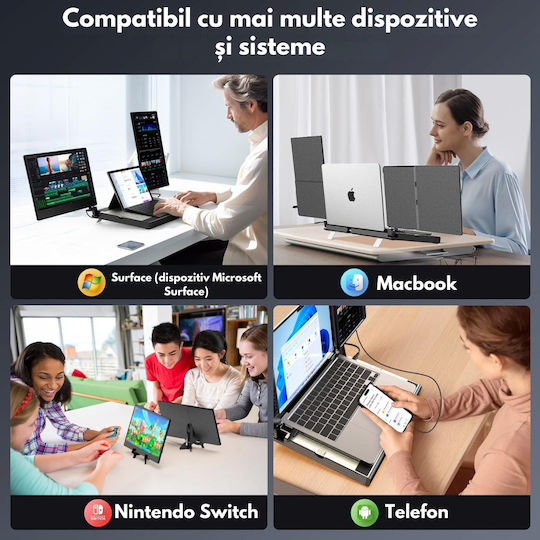 Monitor Portabil Dual Extensibil 14" FHD 1080p Suport Răcire Bază Extindere Ecran Laptop 360° Rotație Compatibil Laptopuri 7 Până La 18 Inch Tri-ecran Windows Mac USB-C HDMI Plug Play Gaming Birou