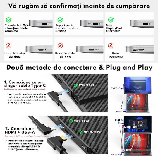 Monitor Portabil Extensibil Laptop Qova Ecran 16 Inch Ips Full Hd 1200p Display 60hz Contrast 1000:1 16,7 Milioane Culori Rotire 360° Compatibil Windows Macos Linux Android Design Vesa Plug Play Port Usb-c Suport Inclus