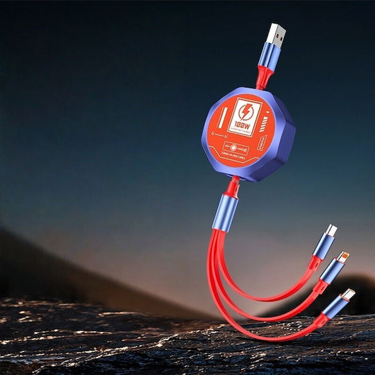 Cablu Telefon 3în1 Extensibil Alista Home 100w Încărcare Rapidă Stil Mecha Potrivit Mașină Universal 1.2m Roșu Albastru