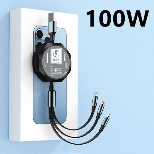 Cablu 3în1 Extensibil Telefon Alista Home 100w Încărcare Rapidă Cablu Stil Mecha Potrivit Mașină Universal 1.2m Negru