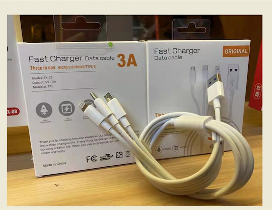 Alista Home Sx 3in1 Usb Cable 21 Usb To Micro Usb Usb-c Iphone Compatible 3a 1.2m White