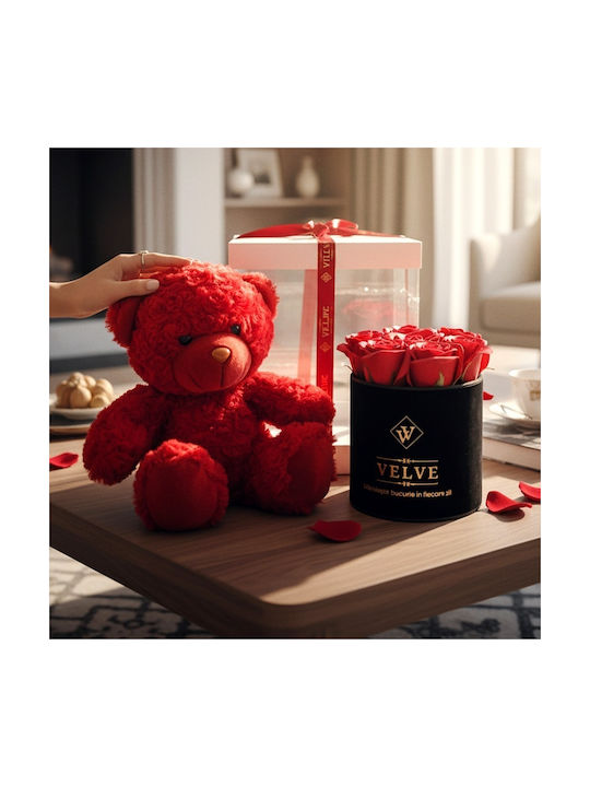 Pachet Special De Valentine Tommy Bear Aranjament 20 Cm 7 Trandafiri Săpun În Cutie Elegantă